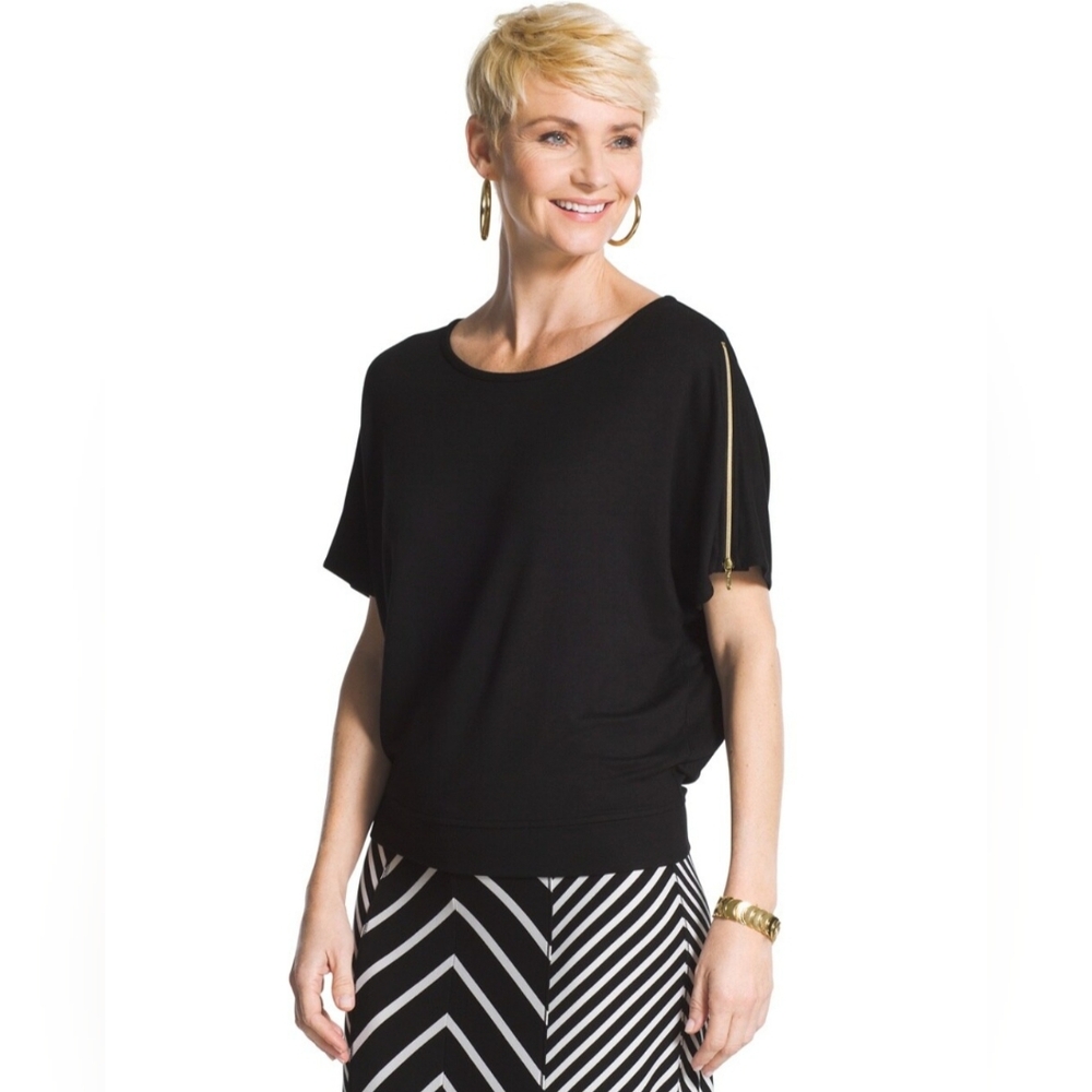 Chicos Zenergy Joan Solid Zip Top Black Dolman Short Sleeve Shirt Size 2  Large